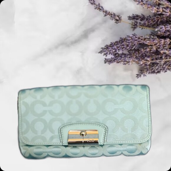 Coach Handbags - Coach Clutch, Blue, Kristen Signature OP Art Wristlet